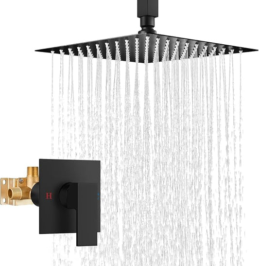 Airuida Shower Faucet Set and Handle Set Single Function Shower Trim Kit Ceiling Mount Rainfall Shower System with Male Threads and Rough-in Valve 10 Inch Square Shower Head Matte Black