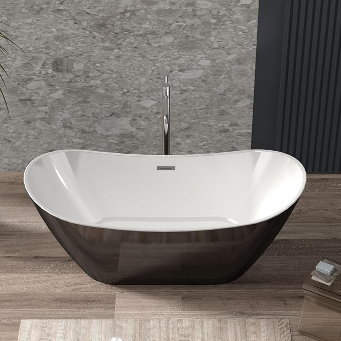 67''Acrylic Freestanding Bathtub, Soaking Tub, Stand Alone Bathtub with Chrome Drain and Overflow, Modern Deep Upright Bath Tub for Bathroom, Easy Clean, Elegant Style, Black