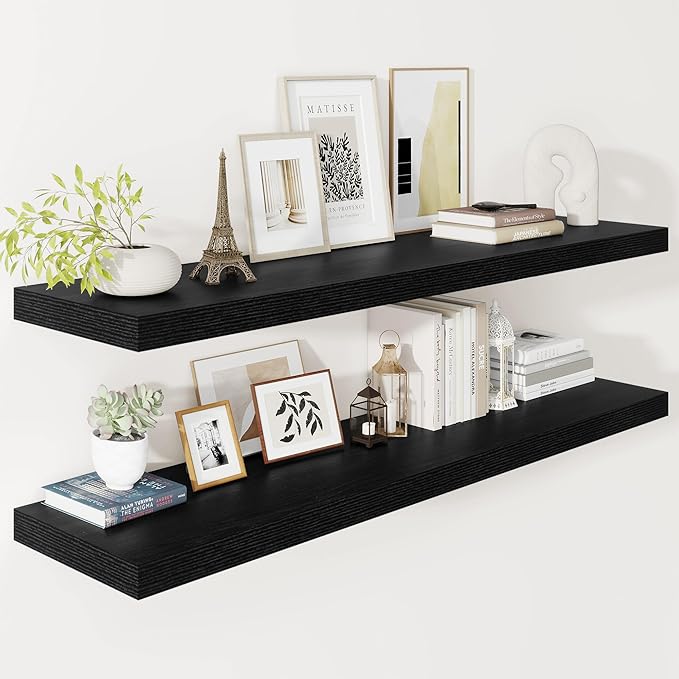 Vivelove 2 inch Thick Floating Shelves for Wall 55 Inches Long, 12" Deep Wall Shelves, for Bedroom, Bathroom, Living Room, Kitchen, Office, Modern Home Decor, 48" X 12" X 2", Set of 2, Black