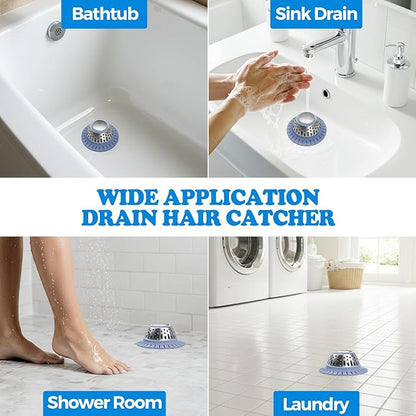 zaa Drain Hair Catcher - Bathtub Drain Cover, Hair Stopper for Bathtub Drain, 304 Stainless Steel Drain Protector and Hair Trap for Flat & Pop-up Drains, Silver Blue
