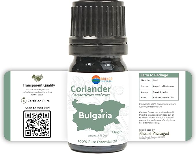 Coriander Essential Oil - Direct from Bulgarian Balkan Mountains - Steam Distilled - Aceite Cilantro for Aromatherapy, Massage, Diffuser, DIY Candle and Soap Making - 2lbs