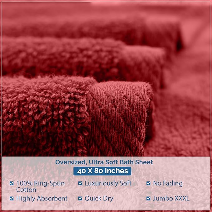 DAN RIVER Pack of 1 Bath Sheet 40x80 Inches, Luxury Large Towels Oversized for Bathroom, Absorbent Plush Towels - Red