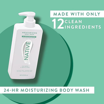 Native Moisturizing Body Wash Contains Naturally Derived Ingredients | For Women & Men, Sulfate, Paraben, & Dye Free Leaving Skin Soft and Hydrated | Lily Milk & White Sage 18 oz