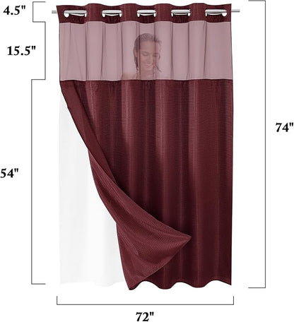 Gibelle No Hook Waffle Weave Shower Curtain with Snap-in Fabric Liner Set for Bathroom, Hotel Style with Mesh Top Window, Waterproof & Washable, Burgundy, 72x74