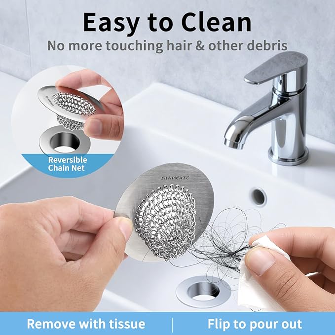 TRAPMATE Bathtub Stopper Drain Strainer Kit, 2.8" Easy Clean Tub Shower Drain Hair Catcher, Anti-Clog Stainless Steel Sink Cover, Bathtub Drain Protector Fit Wash Basin & Tub (Patented Product)