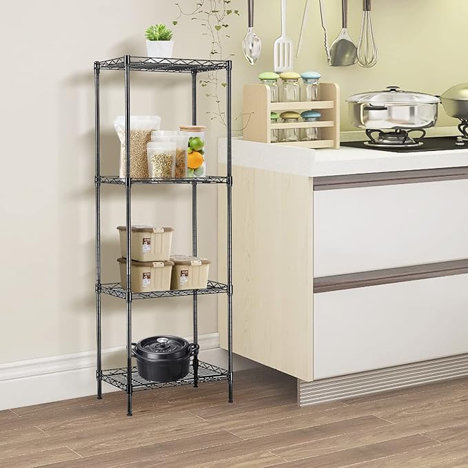 BNSPLY 4 Tier Wire Shelving Unit, Height Adjustable Wire Shelves, Metal Storage Rack Organizer for Laundry, Kitchen, Bathroom, Pantry, Closet (11.8" D x 17.7" W x 49.6" H, Black)