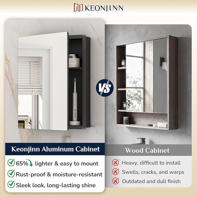 Keonjinn Small Black Medicine Cabinet 14.5 x 18.5 Inch, Assembly Needed, One Shelf Only, Bathroom Mirrored Medicine Cabinet, Lightweight, Freely Adjustable Shelves, Recessed or Wall Mount