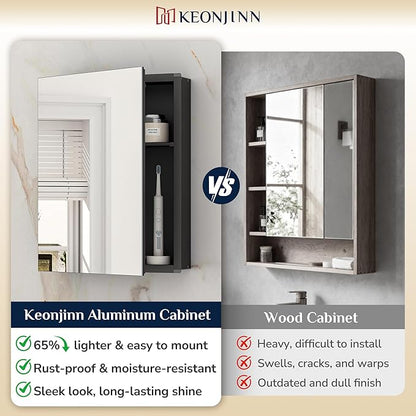 Keonjinn Small Black Medicine Cabinet 14.5 x 18.5 Inch, Assembly Needed, One Shelf Only, Bathroom Mirrored Medicine Cabinet, Lightweight, Freely Adjustable Shelves, Recessed or Wall Mount