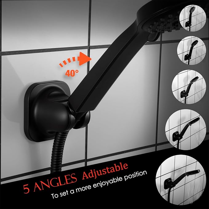 Handheld Shower Head Holder - 5 Positions Adjustable - Concealed Adhesive Mount with Screw Option- Bathroom Wall Mount Shower Hose Holder (Matte Black)