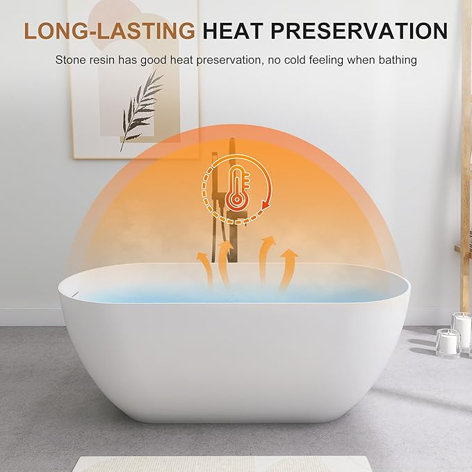 SJ STAR&JANE 51" Solid Surface Freestanding Bathtub, Matte White Oval Soaking Stone Resin Tub with Overflow and Pop-up Drain for Modern Bathrooms