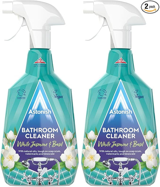 Astonish 750ml Streak-Free White Jasmine & Basil Foaming Bathroom Cleaner Spray Bottles, 2 Pack – Deep Clean Soap Scum, Watermarks & Limescale – Vegan, Cruelty-Free Household Cleaning Supplies