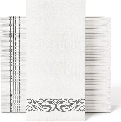 JOLLY CHEF 100 Disposable Hand Towels, Soft and Absorbent Linen Feel Dinner Napkin, Elegant Decorative Paper Guest Towels for Kitchen, Bathroom, Weddings, Parties, Silver and White