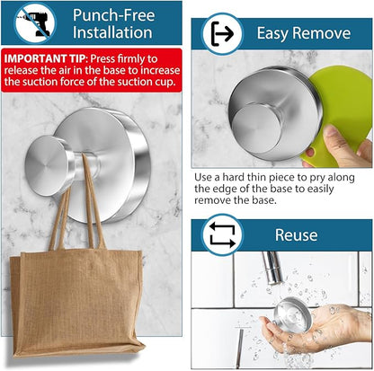 Suction Cup Hooks for Shower, 2 PCS No-Drill Towel Holder for Bathrooms Wall, Glass Door, Mirror, Tiles, Kitchen, Hold Robe & Wreath, Hanging up to 15 lbs – Waterproof & Rustproof, Loofah-Silver