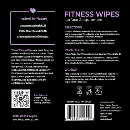 Wipex Gym Wipes – Natural Fitness Equipment Wipes, Plant-Based Cloth - Lavender & Vinegar to Clean Surfaces, Safe Yoga Mat Cleaner, All Purpose Gym Cleaner, Peloton Bikes, 400 Count (2 Pk)