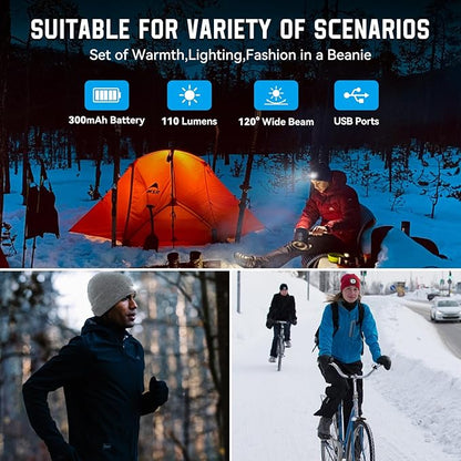 Christmas Stocking Stuffers for Men Adults, Beanie Hats with Light, USB Rechargeable LED Hand Free Headlamp, Birthday Gifts for Men, Women, and Teens, Ideal for Camping, Hiking, Grey