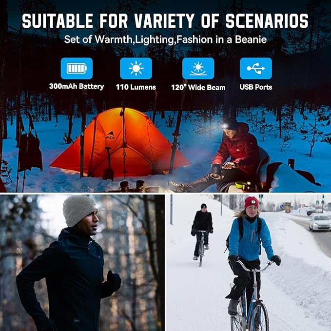 Christmas Stocking Stuffers for Men Adults, Beanie Hats with Light, USB Rechargeable LED Hand Free Headlamp, Birthday Gifts for Men, Women, and Teens, Ideal for Camping, Hiking, 2 Pack, Red