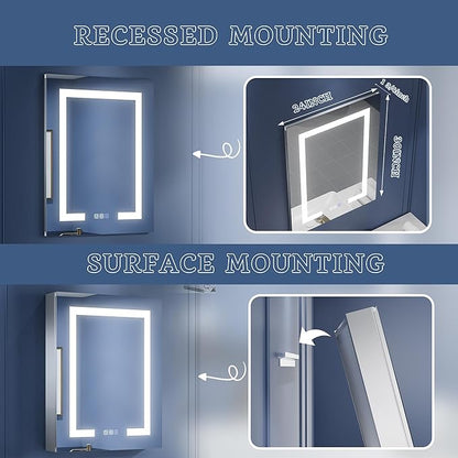 ExBrite LED Lighted Bathroom Medicine Cabinet with Mirror, 24 x 30 Inch, Recessed or Surface Mount, Anti-Fog, Stepless Dimming, Color Temperature Adjustment, 2 Outlets, Storage Shelves, Left Hinge