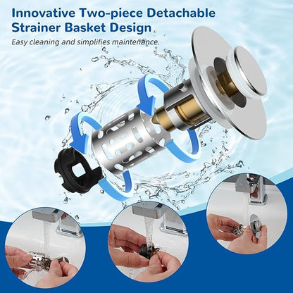 Hibbent Upgraded 3 in 1 Bathroom Sink Drain Strainer, Universal Pop Up Stopper with Removable Stainless Steel Filter Basket Hair Catcher, Sink Plug for 1.1''~2.36'' Basin, Brass Bullet Core, Chrome