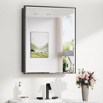 TokeShimi 24x30 Recessed Medicine Cabinet with Mirror Wall Mounted, Metal Beveled Mirror with Storage for Bathroom Vanity, Aluminum Alloy Medicine Cabinet Mirrored Black