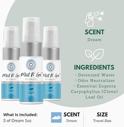 Mist N’ Go by Omaze Travel Bathroom Spray for Toilet Spray Odor Eliminator - Travel Toilet Spray for Bathroom Air Freshener Spray for Bathroom Deodorizer - Dream Travel Size (1oz x3)