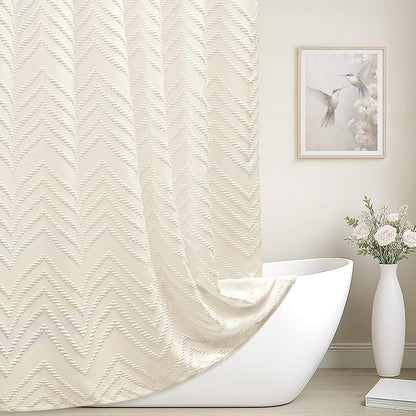 Extra Long Cream Shower Curtain 72 x 84 Boho Farmhouse Shower Curtain Tufted Chevron Textured Striped Minimalist Shower Curtains