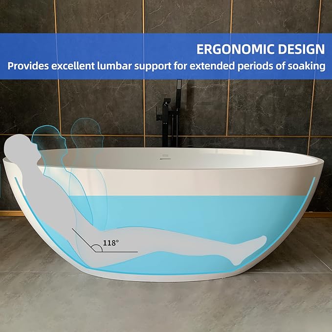 Cpingao 67" Freestanding Bathtub, Oval Shaped Stone Resin Freestanding Tubs, Solid Surface Matte White Soaking Tub with Overflow and Pop-up Drain 8801-1700
