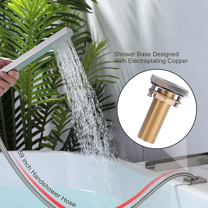 Waterfall Roman Tub Filler Faucet, Deck Mount Bathtub Filler with 360° Swivel Spout, 3 Holes Bathroom Tub Faucet with Sprayer, Brushed Nickel