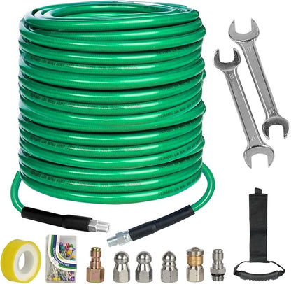 Hourleey Sewer Jetter Kit for Pressure Washer 150FT, 4000 PSI Drain Cleaner Hose 1/4 Inch NPT, Corner Rotating and Button Hose Sewer Jetting Nozzle Pearl Corsage Pin Tape Handle Strap Spanner, Green