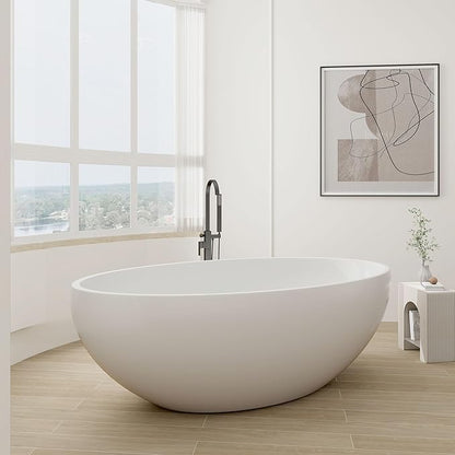 SJ STAR&JANE 67" x 39" Matte White Solid Surface Freestanding Bathtub, Oval Soaking Extra Wide Tub with Overflow and Pop-up Drain for Bathroom