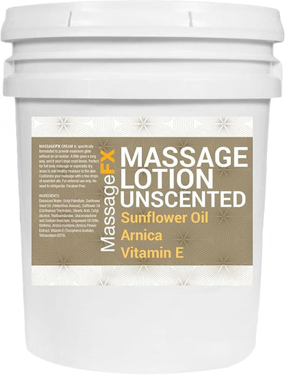 Massage FX Unscented Massage Lotion, 5 Gallon Bucket - Fragrance Free Bulk Bucket for Professional Massage Therapy - Can Refill Pump Bottles - Massage Sore Feet, Back, Face, Arms, Shoulders, and Legs