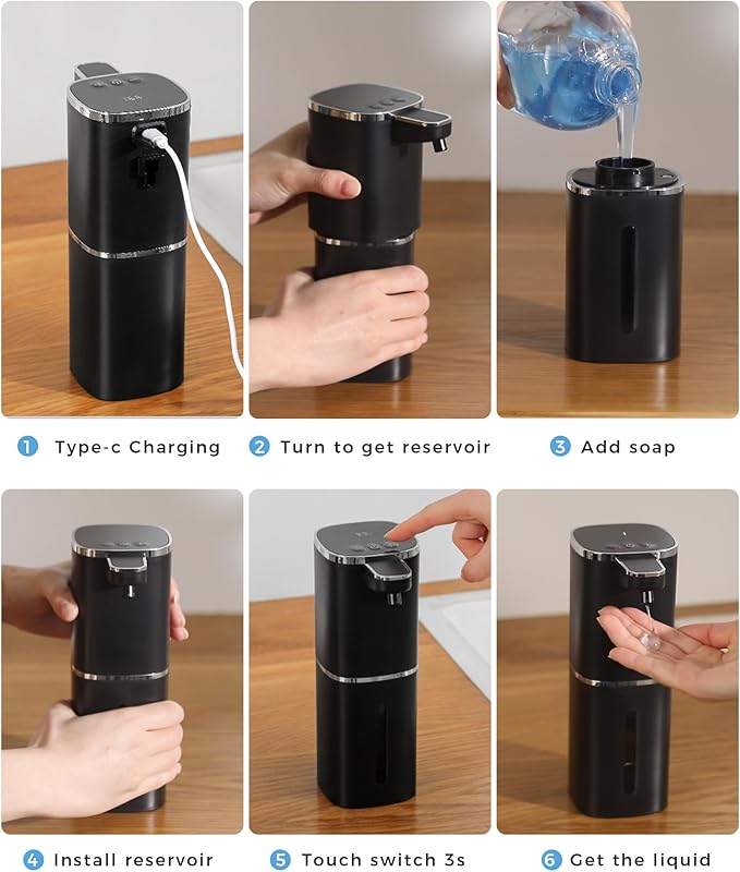 Automatic Liquid Soap Dispenser, 12.8oz Rechargeable, Adjustable Liquid Levels, IPX5 Waterproof, Touchless & Wall/Tabletop Use for Kitchen Bathroom, Black