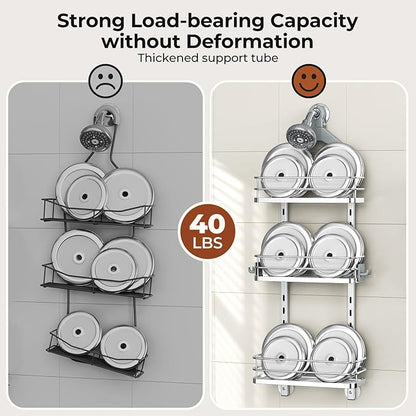 Orimade Aluminum Hanging Shower Caddy Over Head, Adjustable Bathroom Shelf with Hooks, Anti-Slip Rustproof Organizer Storage Rack Basket, Silver, 3 Tier