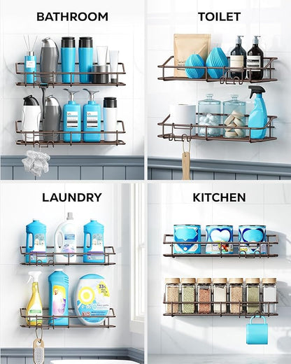 Nieifi Shower Caddy Shelf with Hooks Storage Rack Organizer Adhesive Stainless Steel without Drilling for Bathroom, Lavatory, Washroom, Restroom, Shower, Toilet, Kitchen (Brown, 3 Pack)
