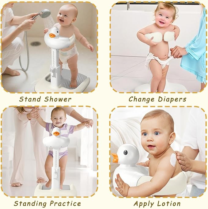 Baby Shower Stand with Anti-slip Base, Adjustable Child Stand for Shower Infant Bath Support Stand Bath Stand for Toddlers 6-36 Months (Grey)