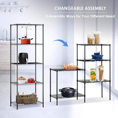 BNSPLY 5 Tier Wire Shelving Unit, Adjustable Wire Rack Shelving, Changeable Metal Wire Storage Shelves for Kitchen, Laundry, Bathroom, Balcony, Pantry (11.4" D x 21.3" W x 59" H, Black)