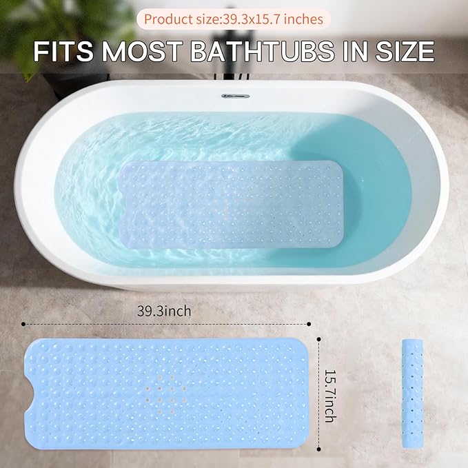 Anti-Slip Bathtub Shower mat, 39.3×15.7 inch（Approximately 100 × 40cm） Soft Oversized Machine Washable Non-Slip Bathtub mat with Drainage Holes, Bathroom Floor Suction Cup.（1-Opaque Light Blue）