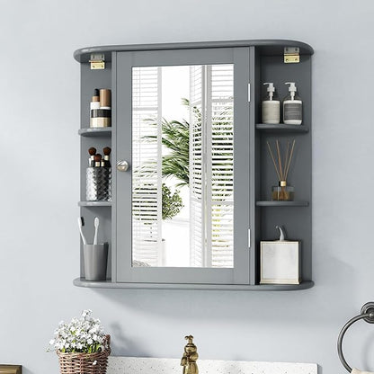 RELAX4LIFE Bathroom Wall Cabinet with Mirror - Medicine Cabinet w/Door & Open Shelves, Over The Toilet Storage Cabinet Organizer, Mirrored Bathroom Cabinet Wall Mount (Grey)