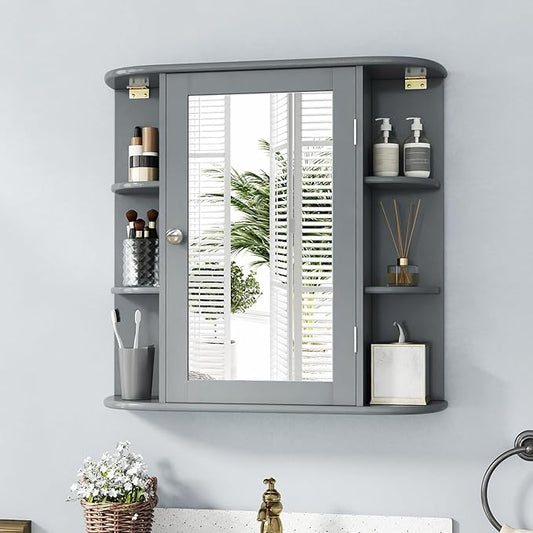RELAX4LIFE Bathroom Wall Cabinet with Mirror - Medicine Cabinet w/Door & Open Shelves, Over The Toilet Storage Cabinet Organizer, Mirrored Bathroom Cabinet Wall Mount (Grey)