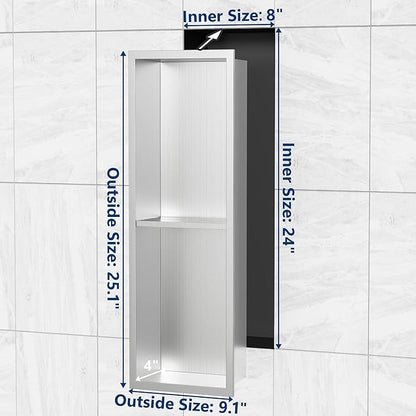 Stainless Steel Shower Niche 24" X 8", No Tile Needed Wall Niche Double Shelves, Recessed Shower Shelf for Bathroom Storage, Brushed Nickel