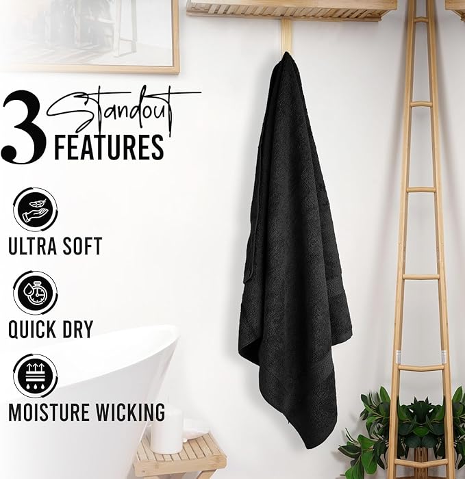 RIVERSIDE 100% Ring Spun Cotton Large Bath Towels Set of 4, 27 x 54 Inches – Quick Dry, Soft & Highly Absorbent Towels for Shower & Bathroom – Luxury 600 GSM Towels for Home, Spa, Gym, Hotel, Black