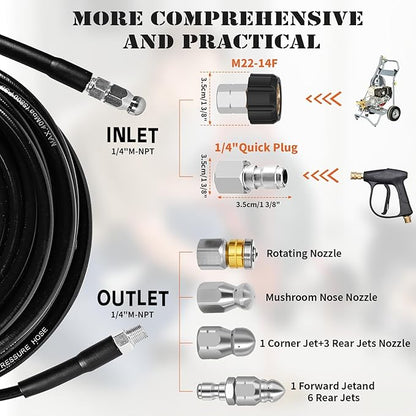 Sewer Jetter Kit for Pressure Washer, 25FT Drain Cleaner Hose 5800PSI with 1/4 Inch NPT Corner, Rotating Nozzle and 4 Different Button Nose Sewer Jet Nozzles, Waterproof Tape and 2 Spanners (Black)