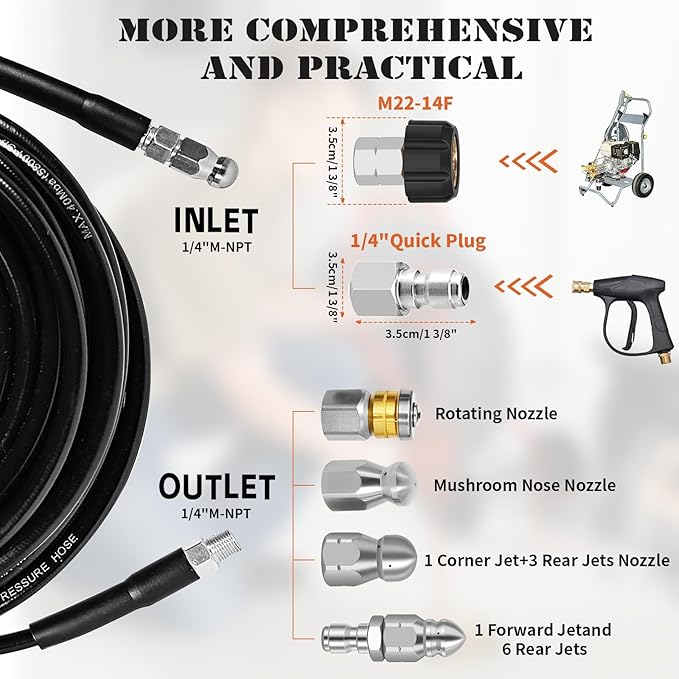 Sewer Jetter Kit for Pressure Washer, 100FT Drain Cleaner Hose 5800PSI with 1/4 Inch NPT Corner, Rotating Nozzle and 4 Different Button Nose Sewer Jet Nozzles, Waterproof Tape and 2 Spanners (Black)