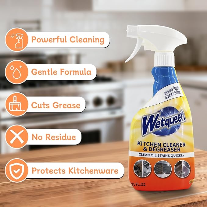 WETQUEEN All Purpose Cleaner Spray, Heavy Duty Kitchen Degreaser Foam Spray, Stubborn Stain Remover for Kitchen, Bathroom, Cooker, Countertops, Tiles, Dual-Spray Nozzle, Lemon Scent, 16.91 Fl Oz