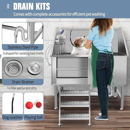 50" Professional Dog Wash Station, Stainless Steel Dog Grooming Tub for Large, Medium & Small Pets - with Anti-Slip Stairs, Drain & Door, Silver