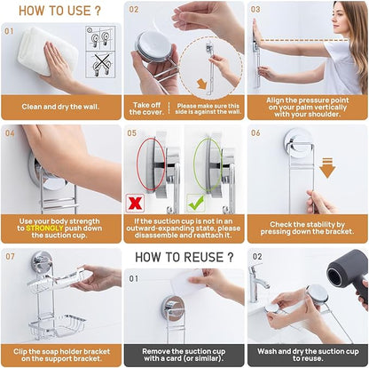 LEVERLOC Soap Holder, Soap Bar Dish for Shower Suction Cup Wall Mounted, Stainless Steel Double Layer Sponge Holder for Bathroom Bathtub Kitchen Sink, Removable Waterproof, Keep Dry, Silver