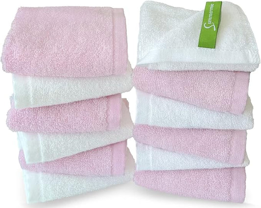 Washcloths 12 Pack 13" x 13" - Soft Wash Cloths for Your Face Towel, Wash Cloths for Your Body (White+Pink)