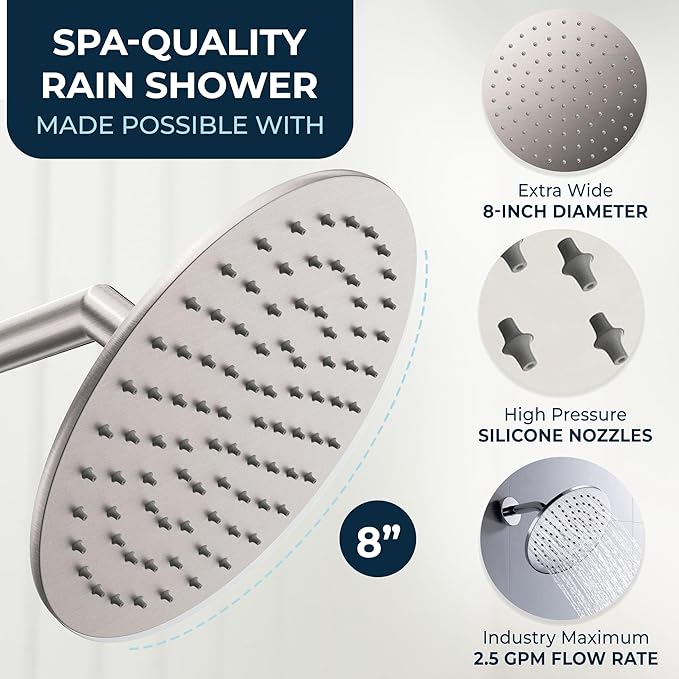 HammerHead Showers® Solid Metal 8 Inch Rainfall Shower Head – BRUSHED NICKEL - Shower Head Rainfall - 2.5 GPM High Flow Shower Head Optimized for Pressure – Large Round Rain Shower Heads