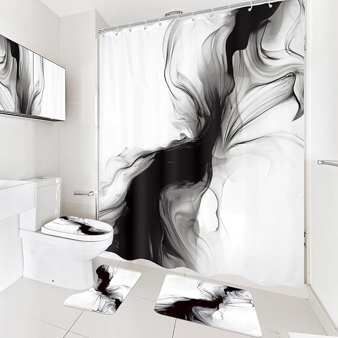 Cinbloo 4Pcs Black White Shower Curtain Set, Abstract Modern Ombre Grey Bathroom Curtain with Rug, Toilet Lid Cover, Bath Mat, Minimalist Marble Women Girls Ink Texture Shower Curtain with 12 Hooks