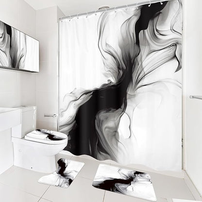 Cinbloo 4Pcs Black White Shower Curtain Set, Abstract Modern Ombre Grey Bathroom Curtain with Rug, Toilet Lid Cover, Bath Mat, Minimalist Marble Women Girls Ink Texture Shower Curtain with 12 Hooks