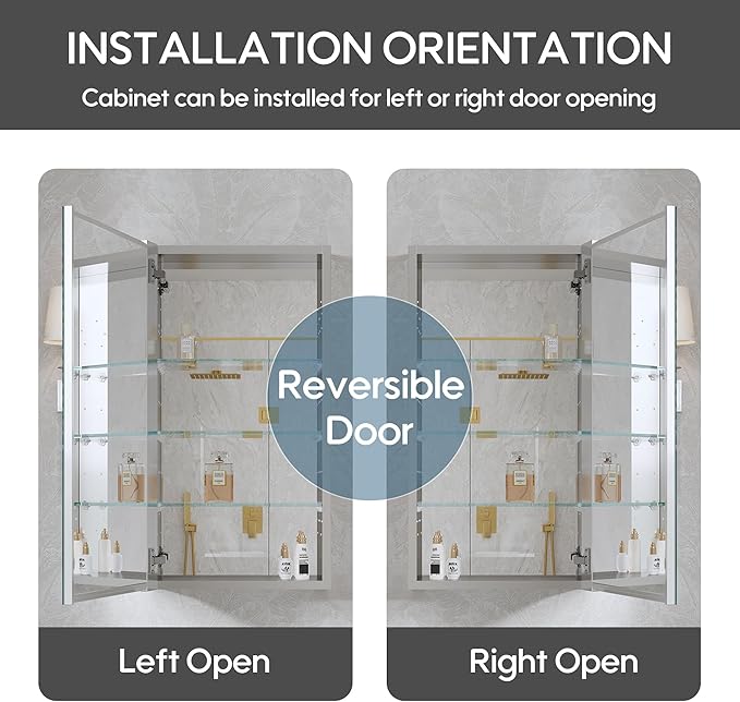 WELLFOR 16" x 30" Bathroom Medicine Cabinet, Anodized Chrome Aluminum Frame, Medicine Cabinet with Adjustable Glass Shelves, Bathroom Cabinet with Reverse Door Installation, Surface or Recessed Mount